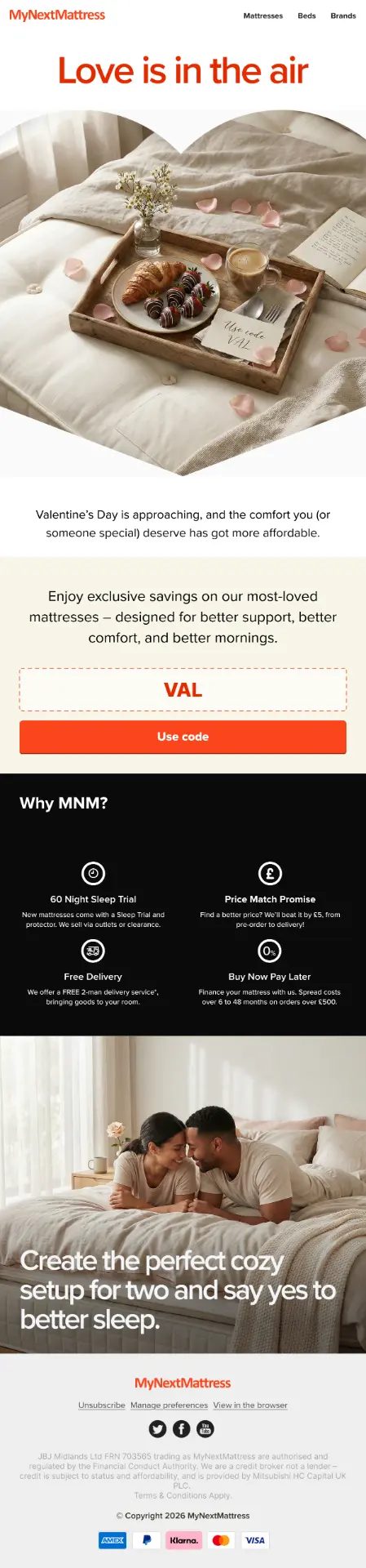 MyNextMattress Valentine's Day campaign email